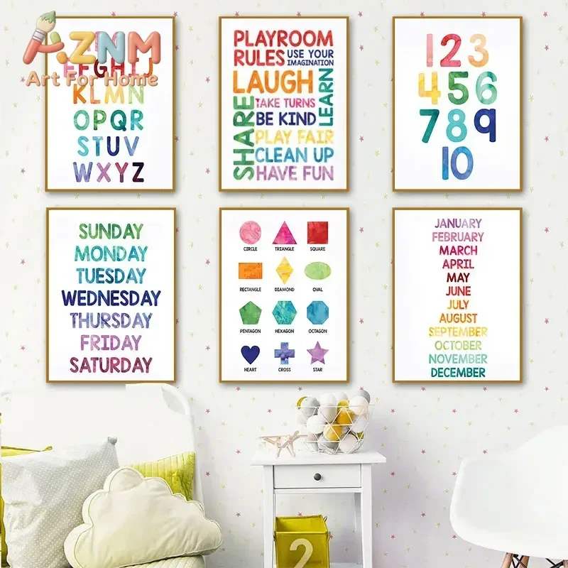 Numbers Alphabet Baby Room Wall Poster Education Picture Kid Bedroom Shape Nursery Wall Art Print Painting Nursery Decor Room