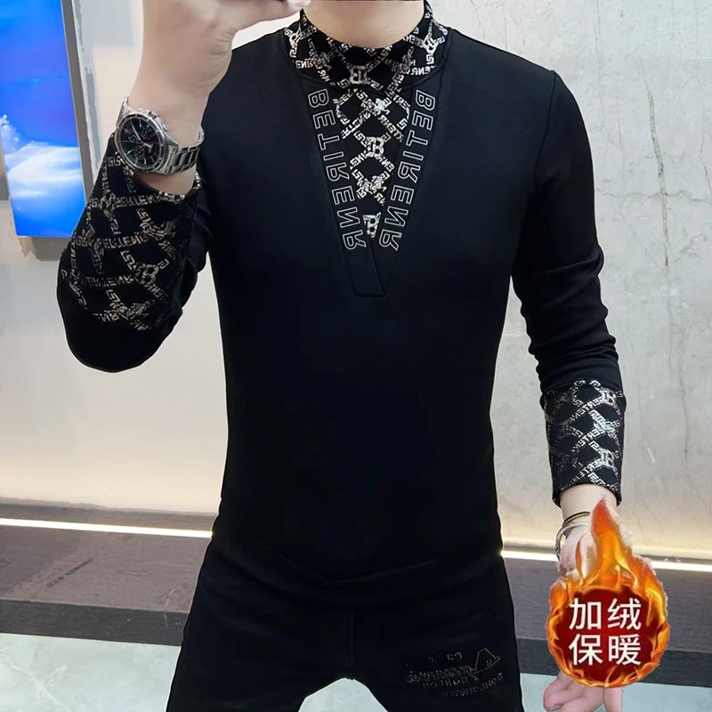 

Autumn Winter Half High Necked Sweatshirt Men's Letter Printed Long Sleeved Slim Ffit Casual Business Sweatshirts Men Clothing