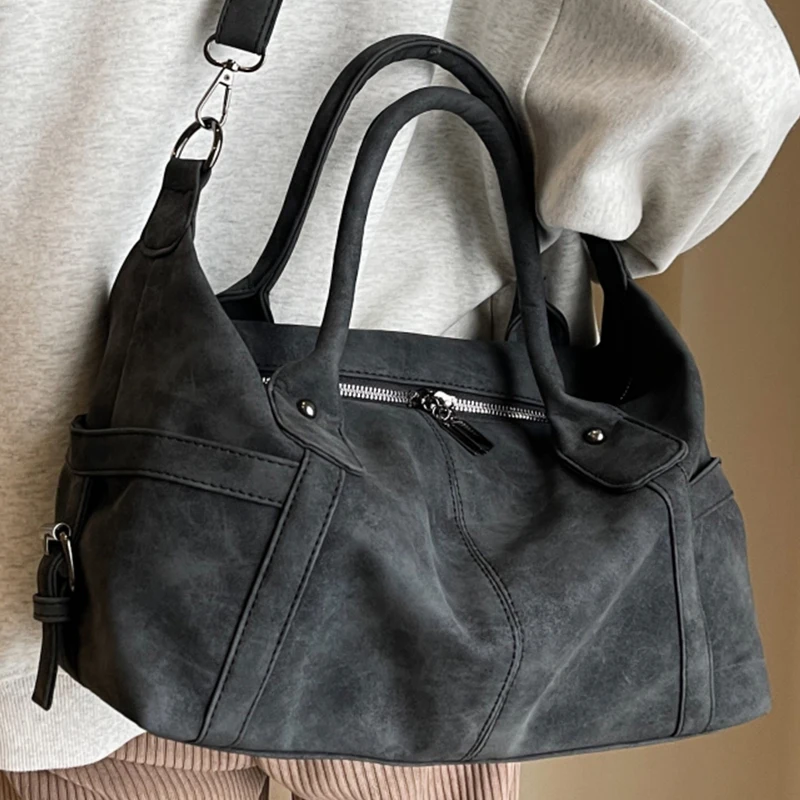 Women\'s Black Suede Shoulder Bag Vintage Multi Pocket Roomy Female Commuter Crossbody Bags Quality Nubuck Leather Ladies Handbag