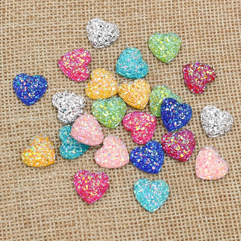 Fashion 40pcs 12mm Flat Back Heart Resin Cabochons Multi Colors Druzy Natural Stone Convex DIY Jewelry Making Accessories