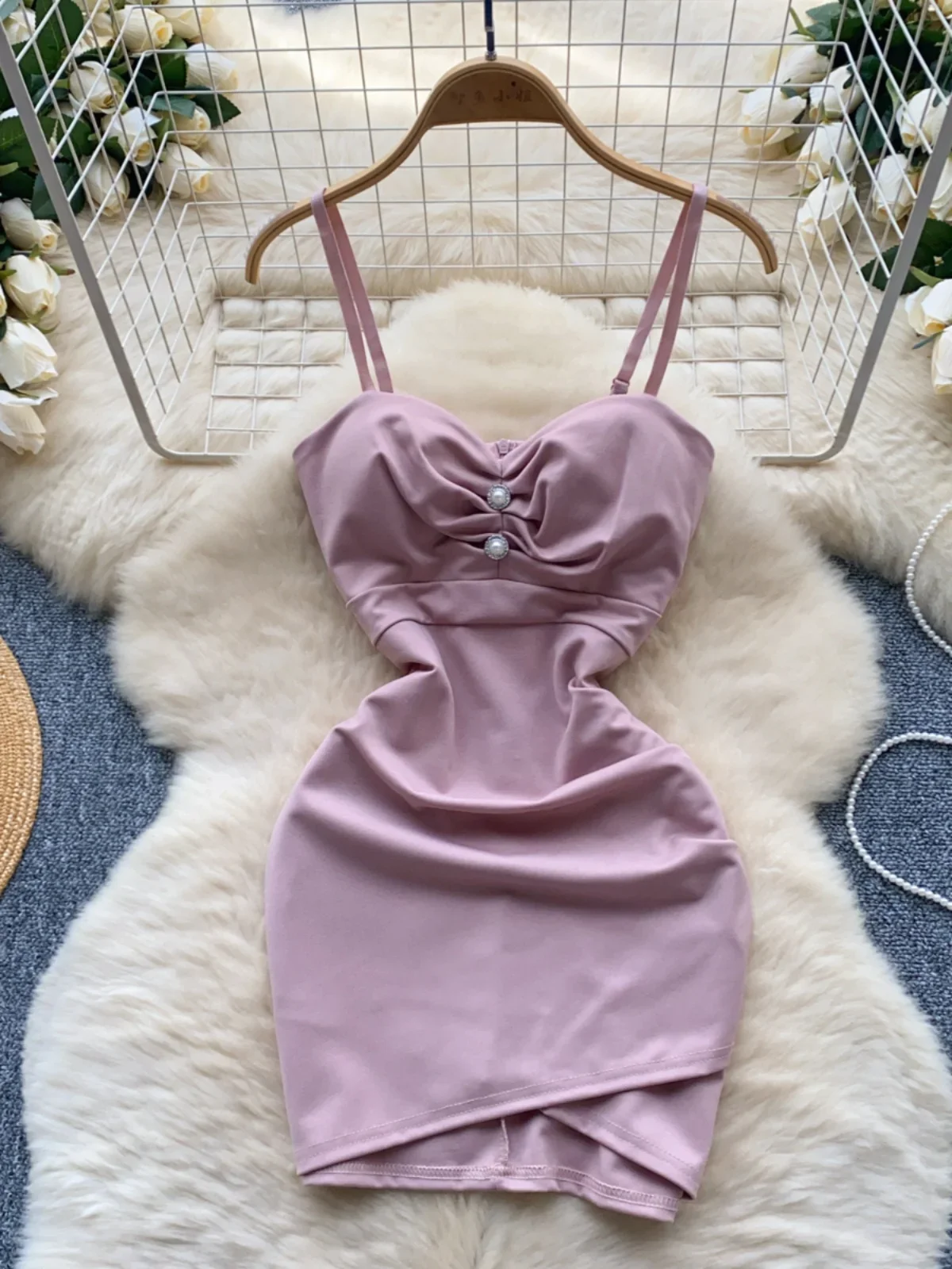 

SsTss Muse Temperament Pink Short Dress Celebrity Sexy Pleated Waist Skinny Pearl Decoration Suspender Hip Wrap Bottom Dress