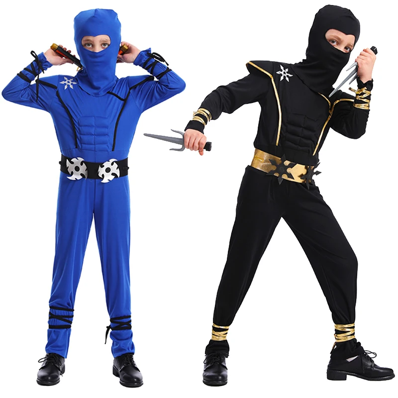 Kids Ninja Costume Halloween Party Muscle  Cosplay with Hood Jumpsuit Belt Straps Deggers Fancy Dress Up for Boys Sets