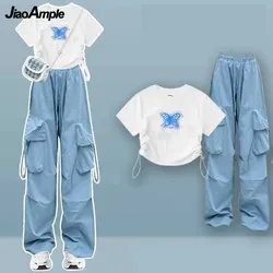 Women's Summer Tracksuit Suit 2023 New Chic Short Sleeve T-shirt+Work Wide Leg Pants Two-piece Korean Elegant Sportswear Set