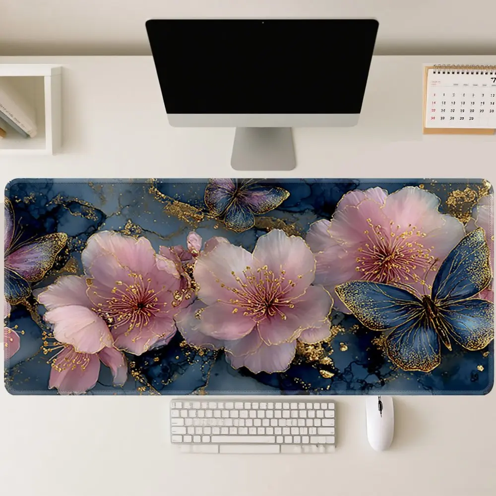 Pink Floral Butterfly Desk Mat Extra Large Gaming Mouse Pad Non-Slip Rubber Base Office PC Accessory
