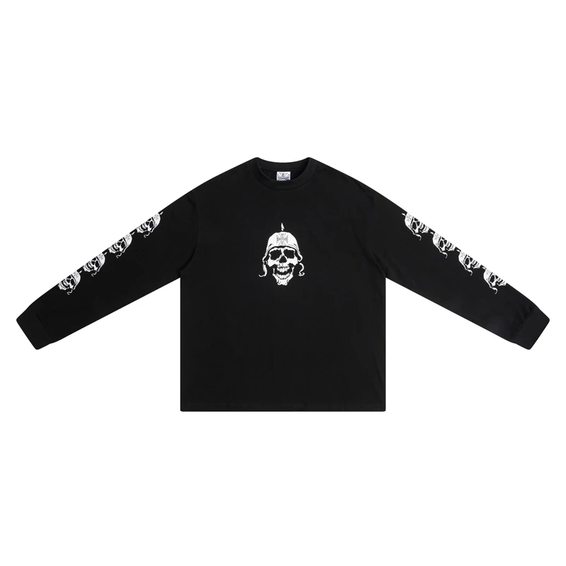 Autumn New High-quality Cotton Long Sleeved T-shirt Street Hip-hop Skull Print Casual Round Neck West Coast T-shirt Tops