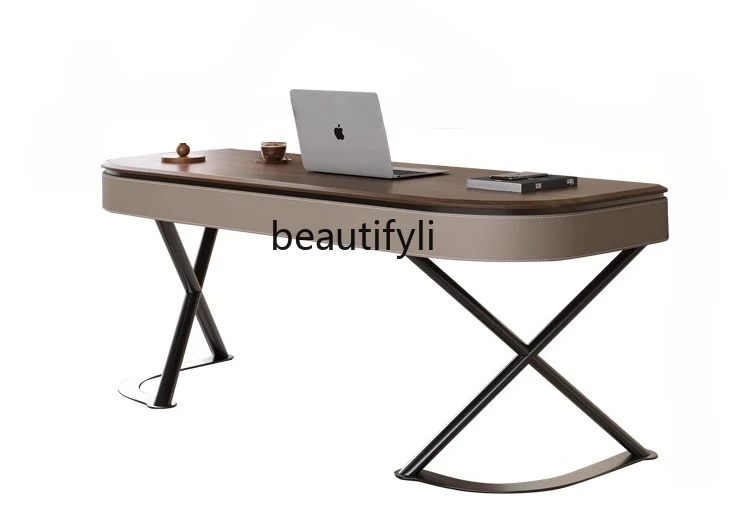 

Saddle Leather Solid Wood Desk Light Luxury Modern Simple Home Study and Bedroom Veneer of Juglans Regia Office Computer Desk