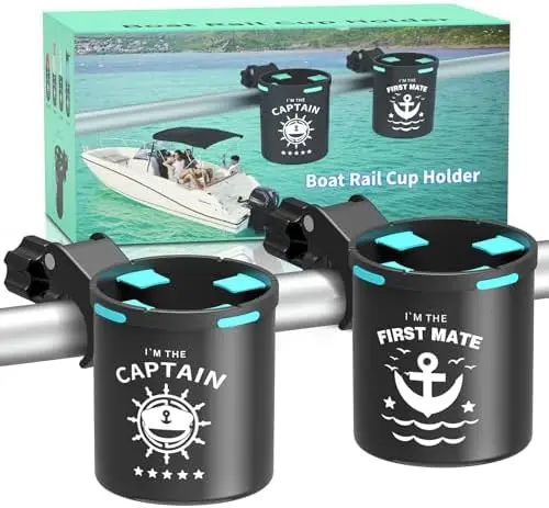 

No-Drill Marine Cup Holder for Boat Rail, Bimini Top, PWC, Jet Ski – Fits Grip Rail & Grab Bar – Boat Lover Gift