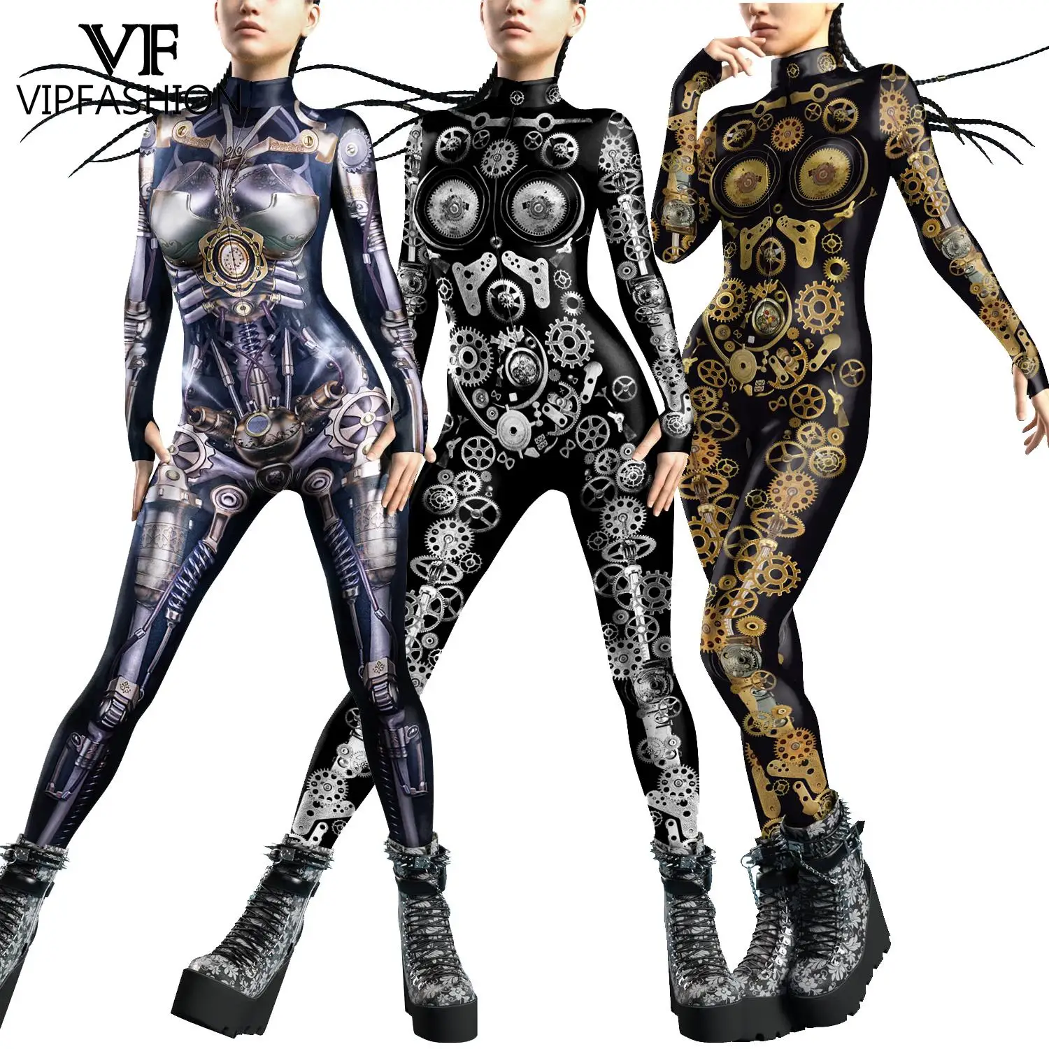 VIP FASHION Punk Zentai Bodysuit Woman Party Costume Halloween Festival Catsuit Front Zipper Jumpsuit Outfit with Thomb Sleeves