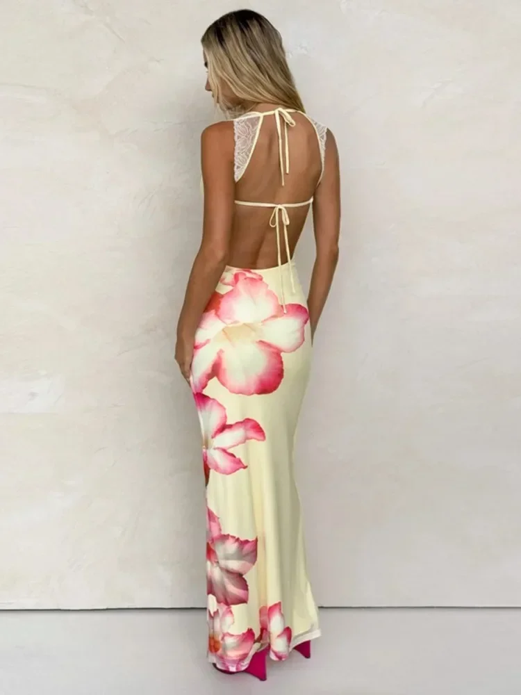 Chaxiaoa الدانتيل طباعة مثير فستان ماكسي المرأة الصيف موضة ساحة طوق بلا أكمام عارية الذراعين الدانتيل متابعة Bodycon نادي فستان طويل #5