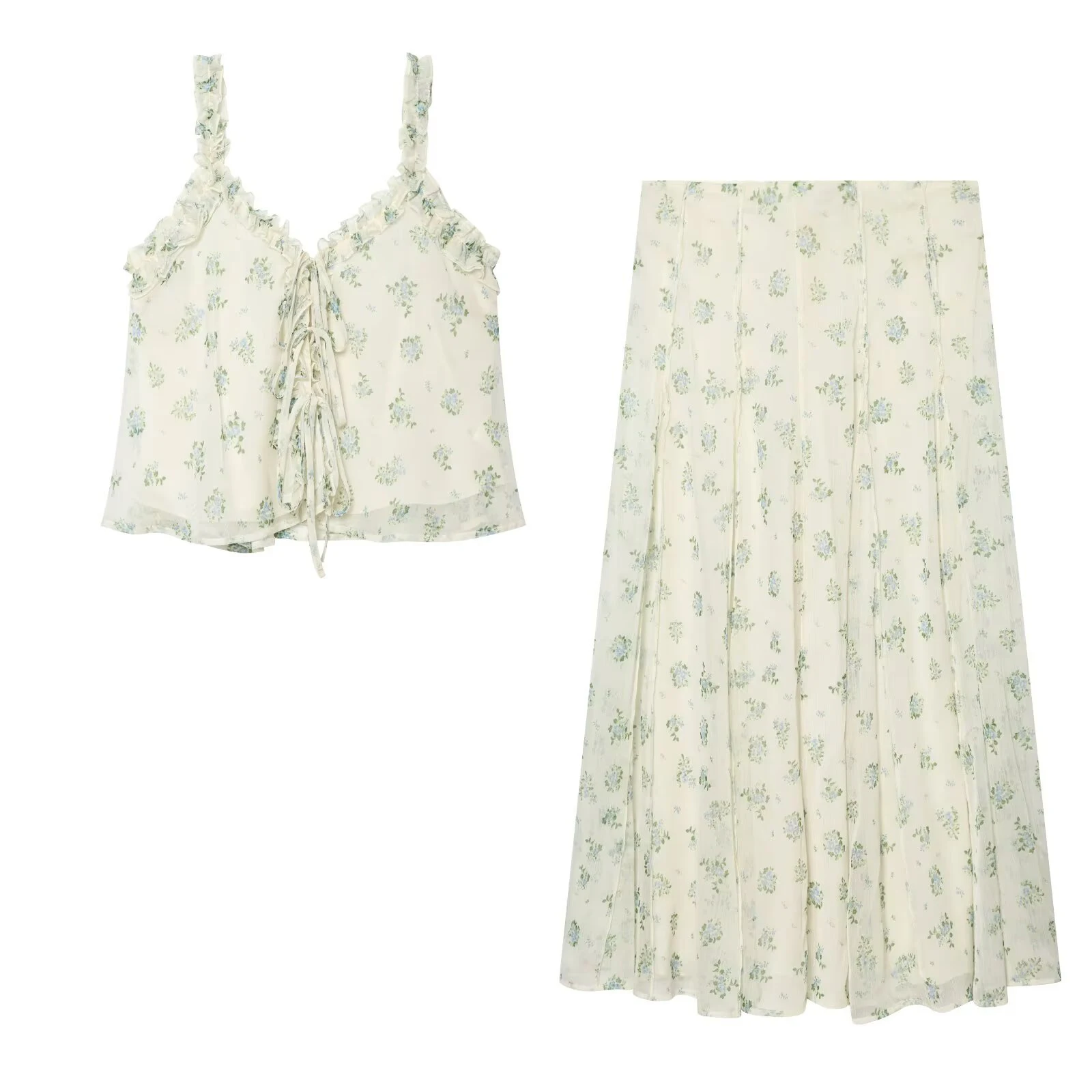 

European and American style women's clothing new 2026 fashionable sleeveless floral V-neck straight top half skirt set