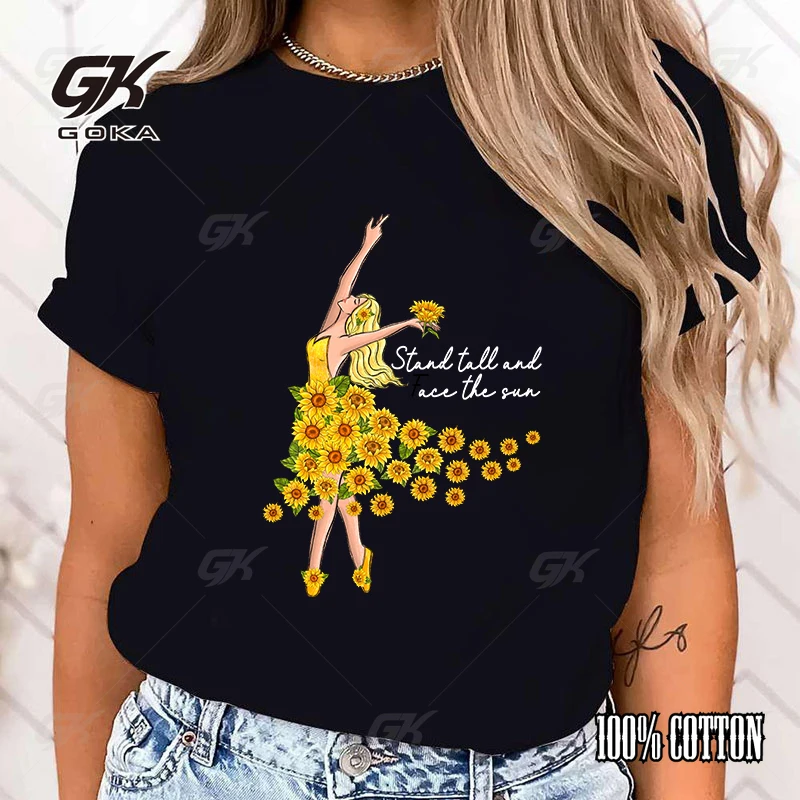 New Fuuny Sunflower Stand Tall And Face The Sun Letter Printed Female 'S And Women'S Fashion Short Sleeve tops