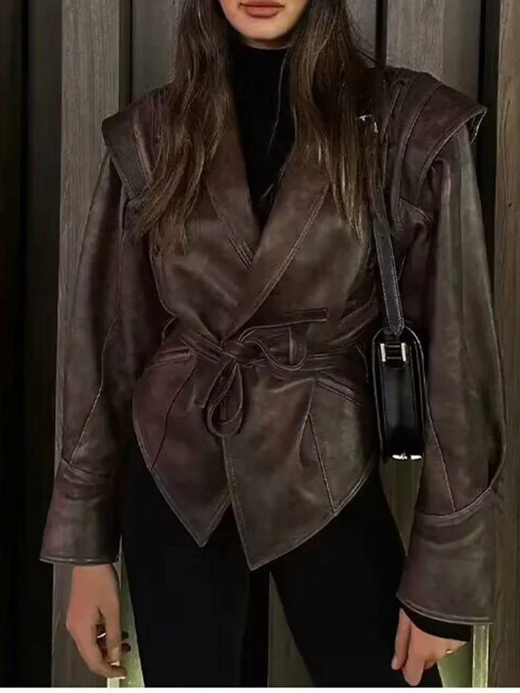 Estilo europeu nova moda feminina versátil temperamento cor sólida manga longa jaqueta de couro fino