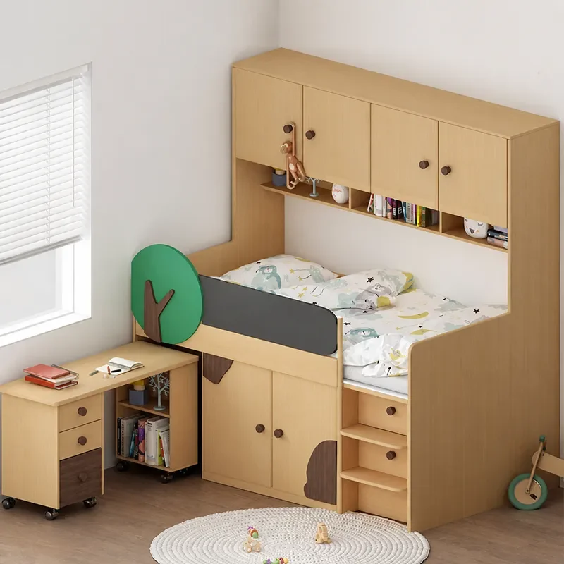 Nordic Half Height Bed with Desk Multifunctional Loft Bed with Storage Cabinet Space Saving Design for Small Apartment
