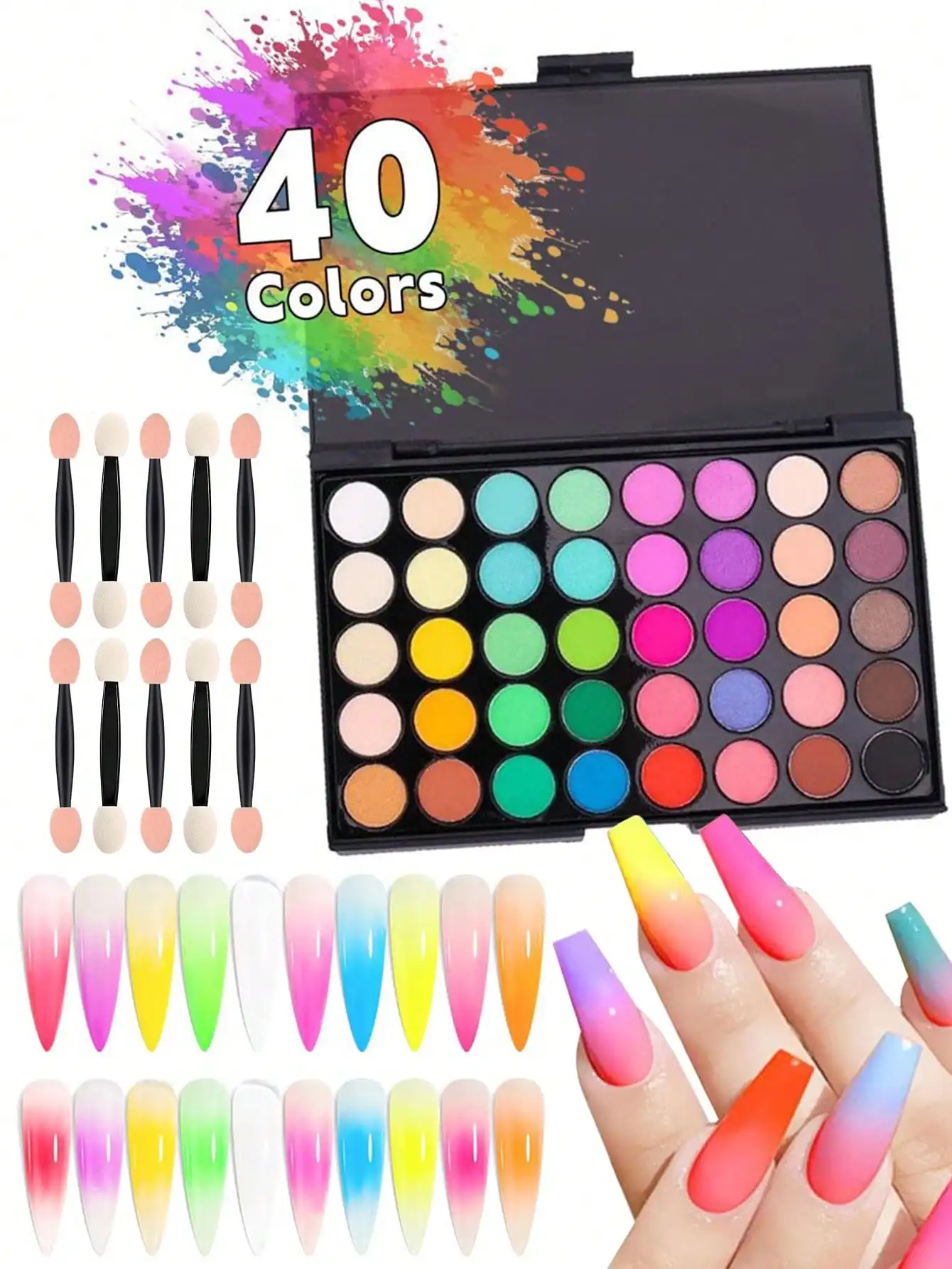 Nail Art Pigment Powder Palette 40 Colors With 10 Double-Sided Sponge Tools, Neon Shades Powder for DIY Tie-Dye Bold Nail Art