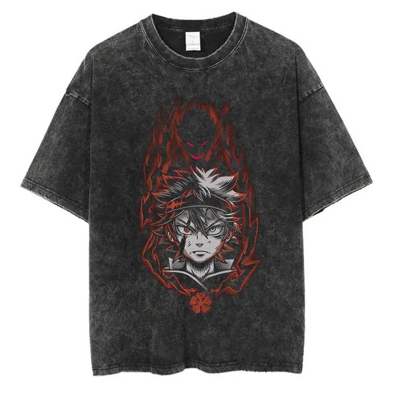 Anime Black Clover Print Vintage Washed Tshirt Harajuku Streetwear Graphic T-Shirt Summer Short Sleeve Cotton Hip Hop Tshirt