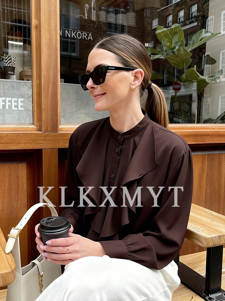 Blusa de ocio para mujer 2025, nueva moda de otoño, camisa arrugada de manga larga con cuello redondo, Tops sueltos de calle alta para mujer