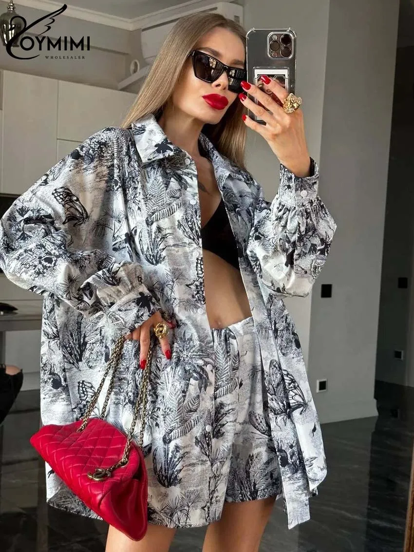 Oymimi Elegant Black Print Two Piece Outfits Women Fashion Lapel Long Sleeve Button Shirts And Low Waisted Shorts Female Sets