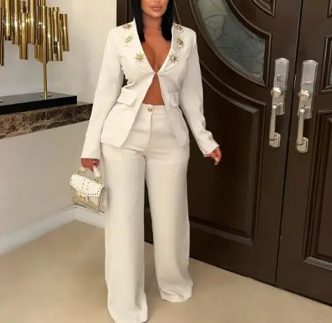 Fashion Metal Decoration Single Button Slim Fit Suit Top and High Waist Wide Leg Pants Set for Autumn Women's Personalized Suit