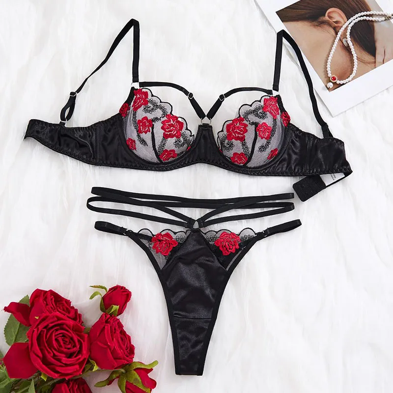 

Lingerie Ultra Sexy Rose Embroidery Erotic Lingerie Summer Ultra Thin Mesh Underwear Transparent Bra Set Hollow Bandage Lingerie