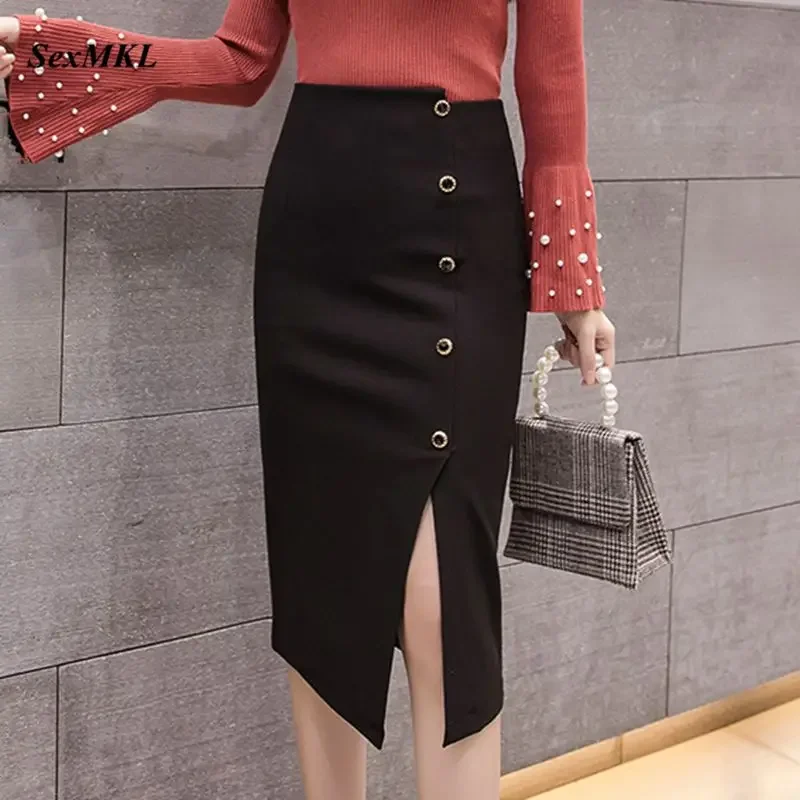 

SEXMKL Women Elegant Black Pencil Skirt 2024 Korean Fashion Winter High Waist Skirts Office Ladies Streetwear Button Red Skirt