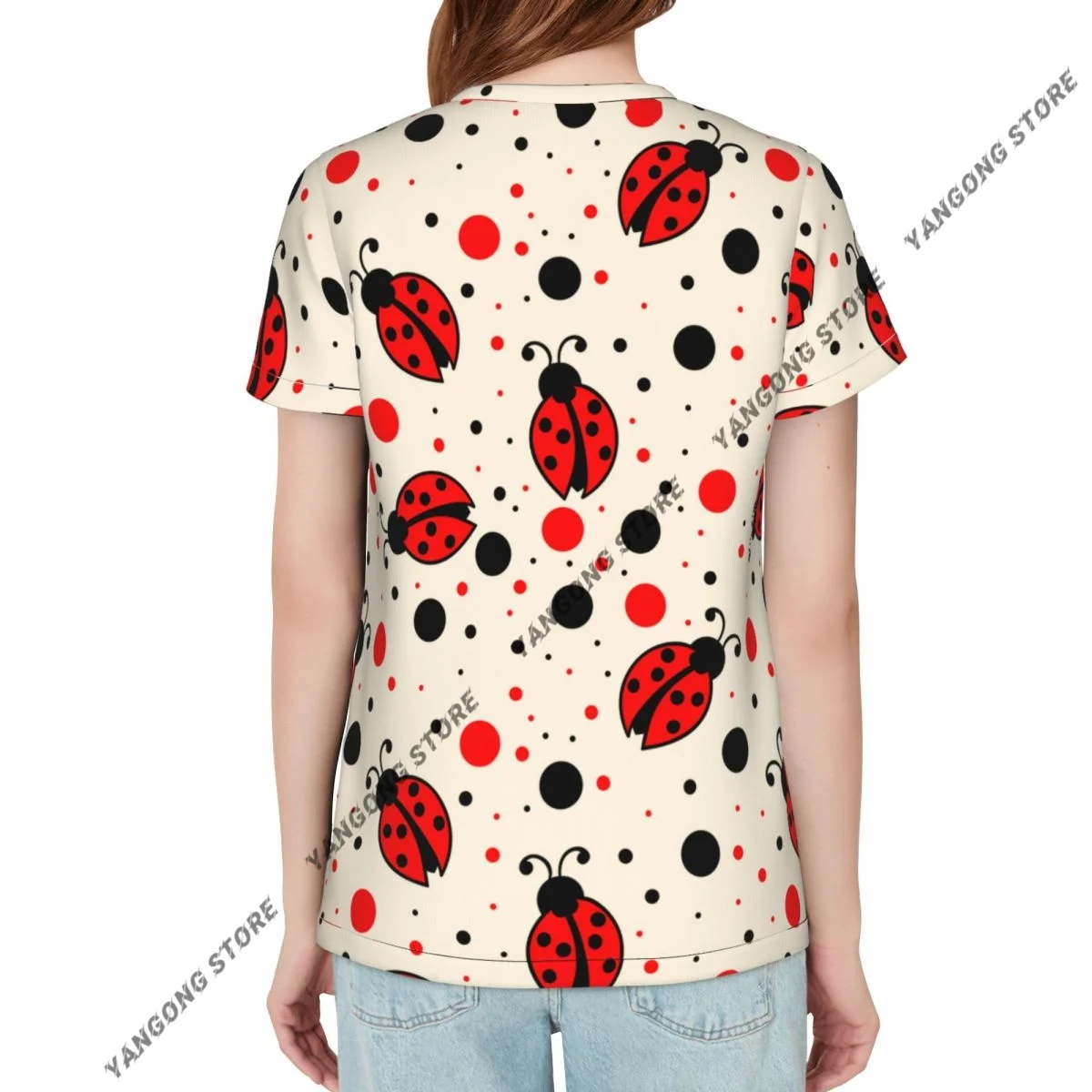 Womens Short Sleeve Ladybugs And Dots Casual Tee Clothing Crewneck Woman T-Shirts