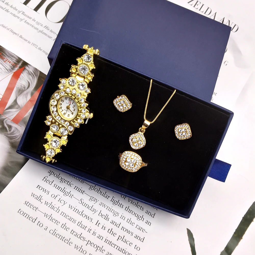 Women Watch Jewelry Set Gold Crystal Design Necklace Earrings ring Female Quartz Watch Women's Gifts For Valentine With Box