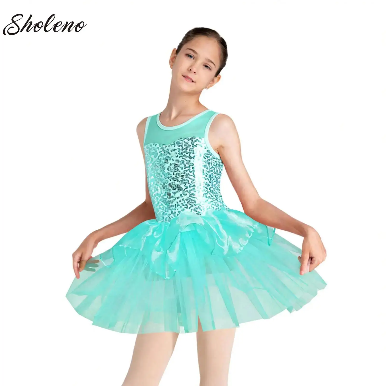 여자 십대 반짝이는 스팽글 튤 드레스 발레 라틴 재즈 리리컬 댄스 드레스 민소매 레오타드 튜튜 대회용 댄스웨어