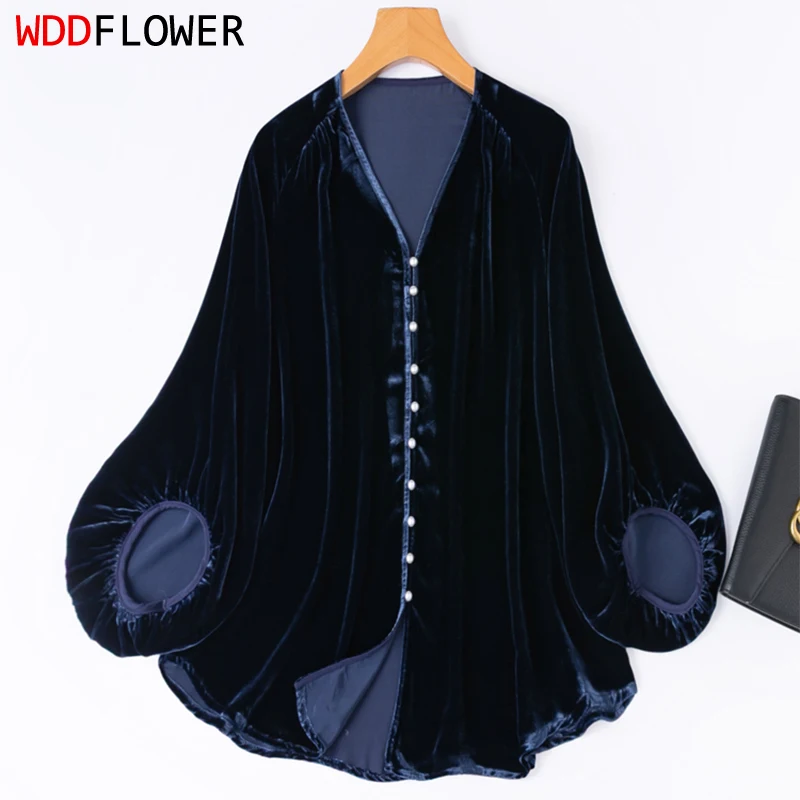 

Женское бархатное шелковое пальто, 100% шелковая подкладка шелковицы, темно-синий цвет, пуховый кардиган на пуговицах, куртка, блузка, верхняя рубашка, осенняя теплая M1469