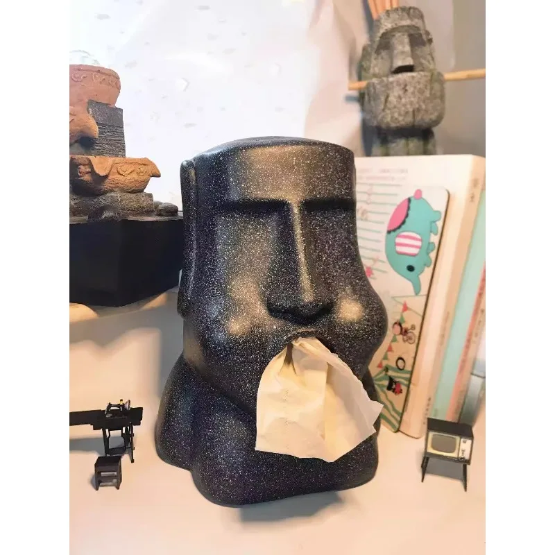 Stone Portrait Tissue Box Dining Table Living Room Tissue Pumping Personality Funny Easter Island Pumping Paper Box Earphon