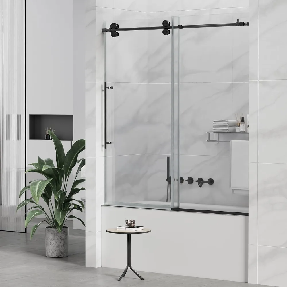 Shower Door, 60 in. Wide, Sliding Tub Door with Handle, Clear Tempered Glass, Explosion-Proof Film, Frameless Tub Shower Door