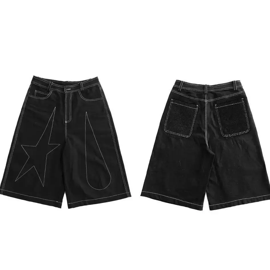 Men's Star Bright Line Design Cropped Jeans Summer Shorts Casual Wide Leg Bottom Cool Boys Mini Pants Male Calf-length Trousers