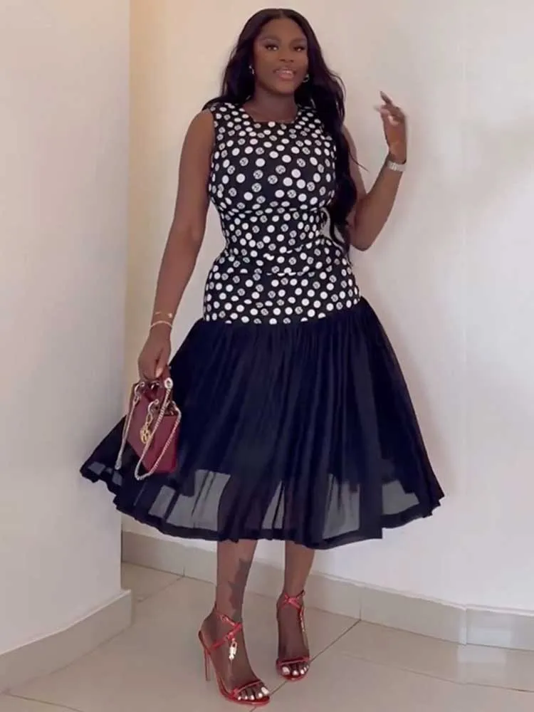 

Long Sleeveless Dress for Women Summer Slim Tank Top Dress Dot Printed Low-waist Sexy Black Dresses Casual and Elegant