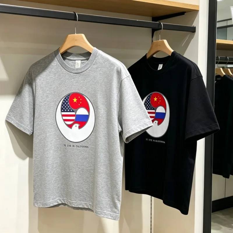 Splicing Flag Print Kanye Tshirt Summer Breathable Cotton Short Sleeve Bully T Shirts Oversized Street Outfit Men Women Tops