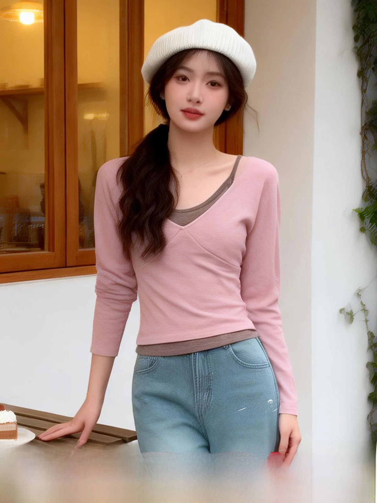 

plus Size Women's Long Sleeve Top Spring 2026 Slimming Design Casual Style V-Neck Regular Length No Chest Pad Polyester Spandex