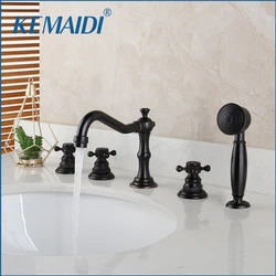 KEMAIDI Solid Brass Bathroom 5 Pcs Bathtub Shower Faucet  Set Deck Mounted 2 Handles ORB Black Bathtub Basin Mixer Faucets