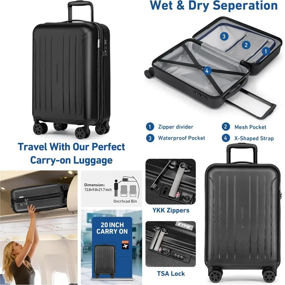 

Ручная кладь 22x14x9 дюймов, одобренный авиакомпанией, твердый чемодан с двойными вращающимися колесами, материал ПК + ABS, замок TSA для Trav