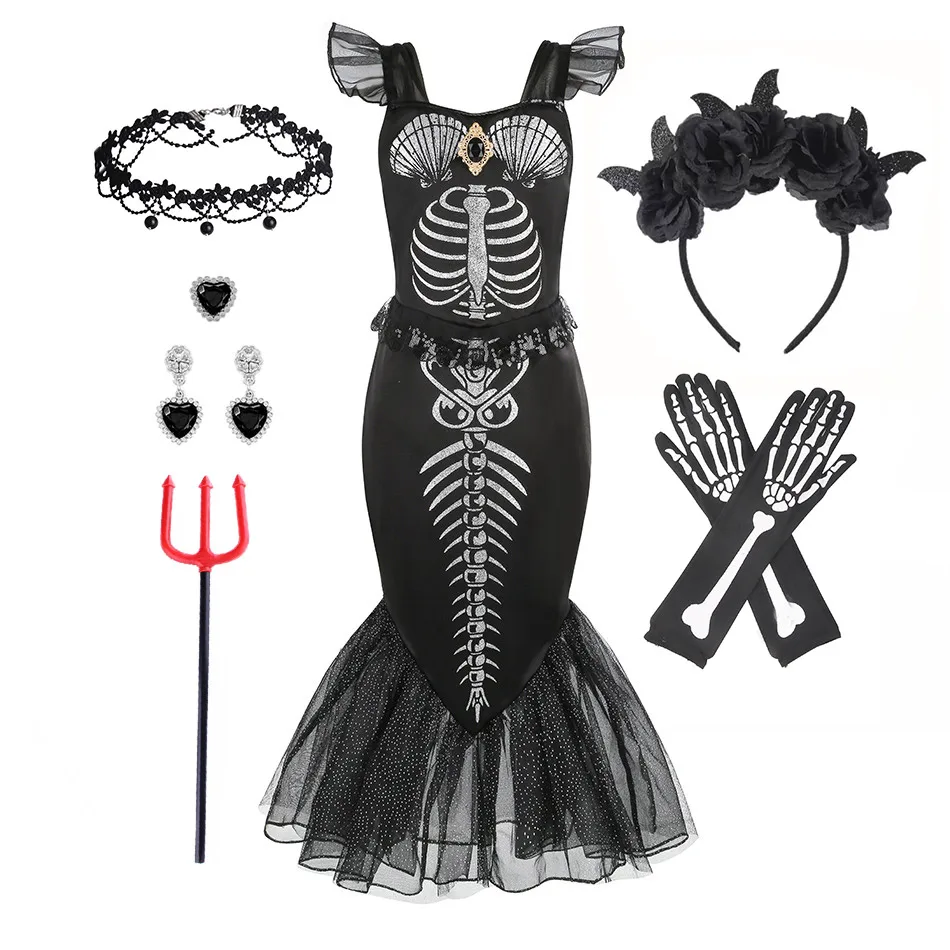 Horro Mermaid Skeleton Costume for Littler Girls Halloween Gothic Princess Trumpet Dress Black Ariel Siren Cosplay Apparel Frock