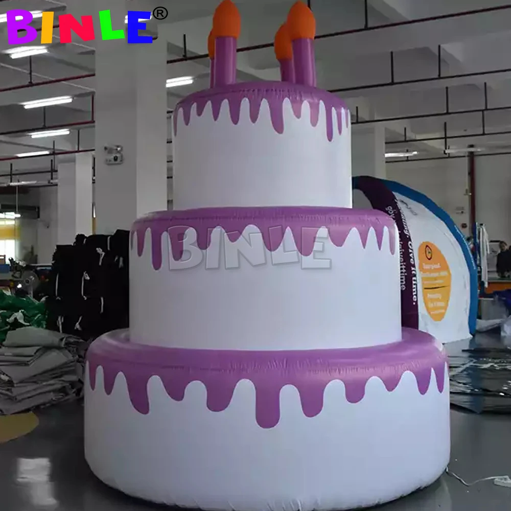 Customized White Large Happy Inflatable Birthday Cake Model With LED Lights For Party Decoration