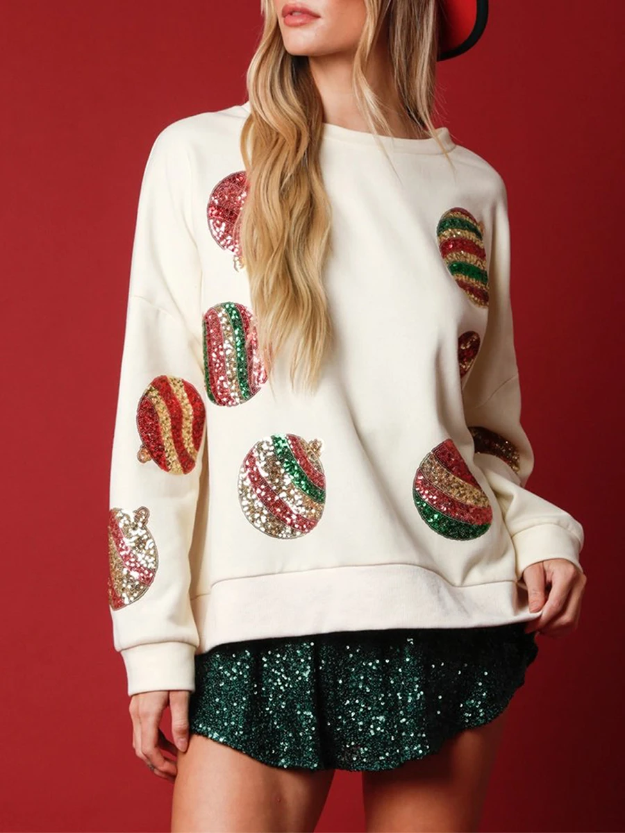 Women’s Christmas Sweatshirts Sparkle Ball Print Long Sleeve Crew Neck Pullovers Oversized Tops