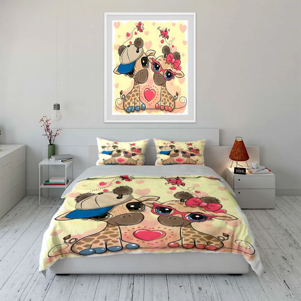 Cute giraffe couple pink background Print Soft Comfortable Duvet Cover Bedding Set Included 1*Duvet Cover  2*Pillowcases
