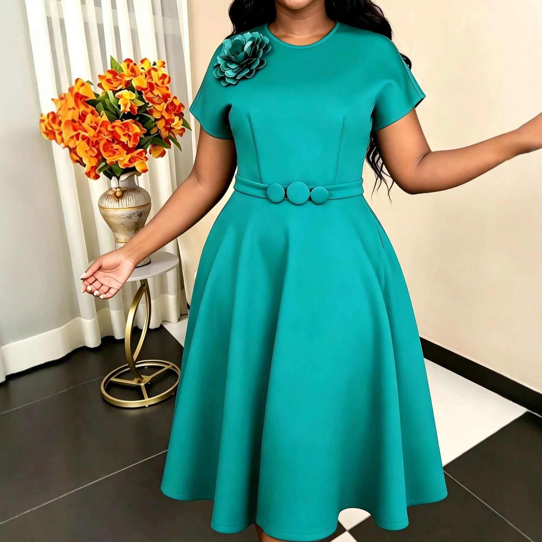 Africa Clothing Women Dress O Neck Short Sleeves 3D Flower Fitted Waist Pleated Hem Work Party Church Wedding Guest Classy Gowns