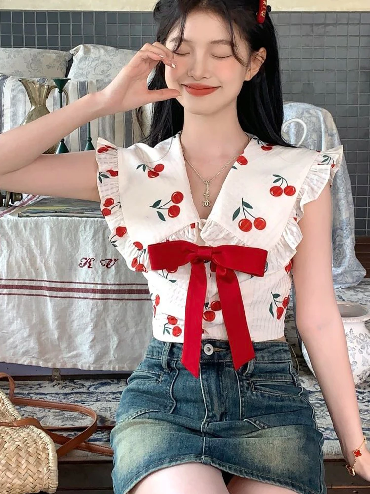 

Милая женская блузка без рукавов, летние рубашки с воротником «Питер Пэн» и оборками, милые японские укороченные топы Fairycore Y2k, рубашки