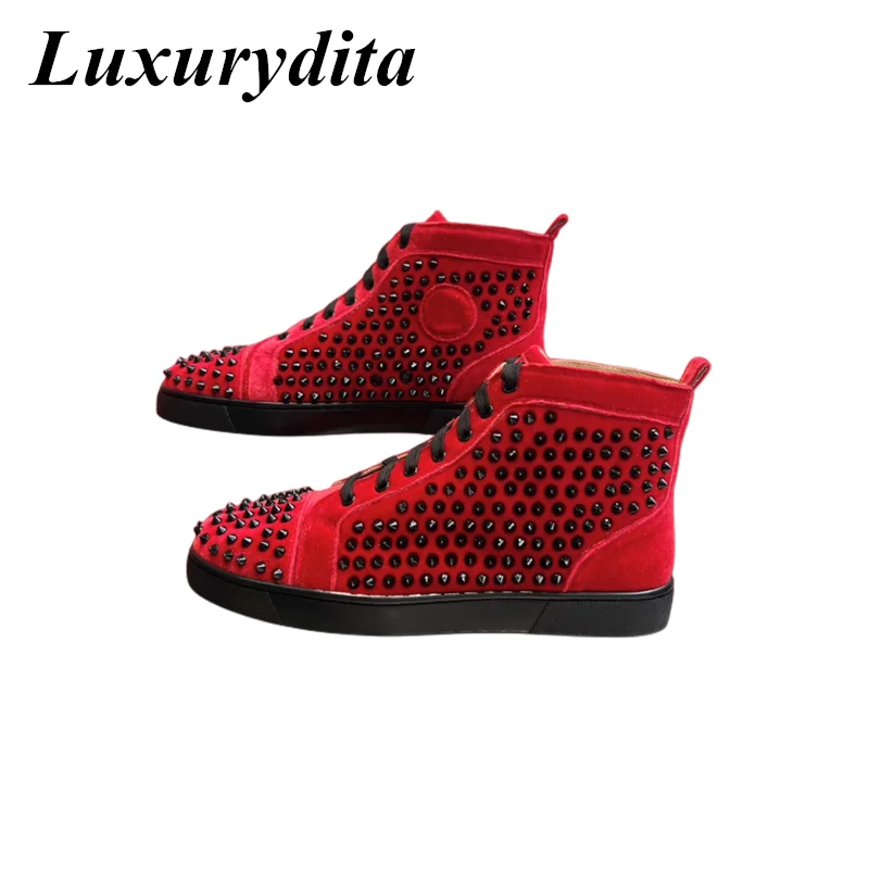 คุณภาพสูงสตรีอินเทรนด์รองเท้าผ้าใบลําลอง Luxury Mens หนังแท้รองเท้าเทนนิส Designr สีแดง Soled น้ําคนรัก Rivet รองเท้า HJ0291