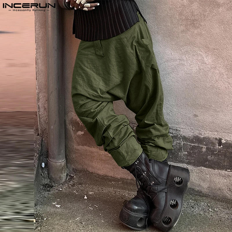 INCERUN-pantalones largos informales para hombre, moda americana, con entrepierna colgante, Color sólido, para vacaciones, sencillos y elegantes, 2024