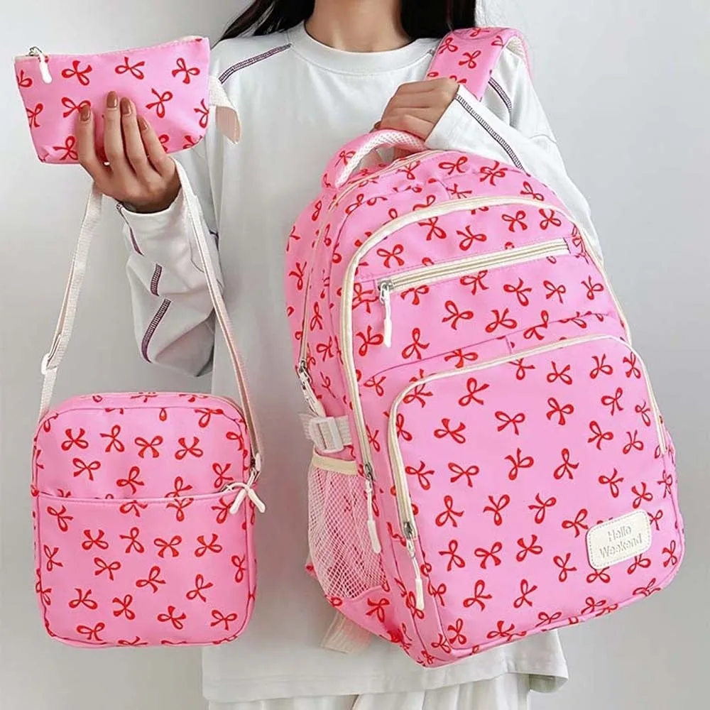 

Daypack Three-piece School Bag Set Large Capacity with Pen Bag Nylon Bow Backpack Casual Fixed Webbing Students School Bag