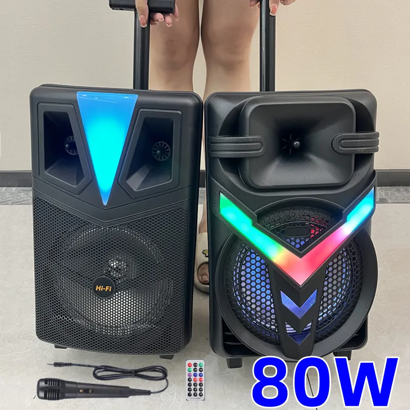 80W Portable Peak High Power 8-Inch Pull Rod Outdoor Wired Microphone Karaoke Dance Sound Speaker With Color Lights Sound Box