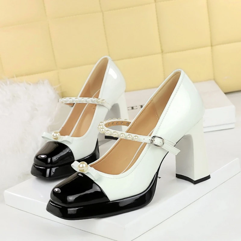 Zapatos Mary Jane de tacón grueso con punta cuadrada y bloques de color de estilo Retro, zapatos de mujer con lazo y perlas para banquete, zapatos de boca baja con correa de una línea