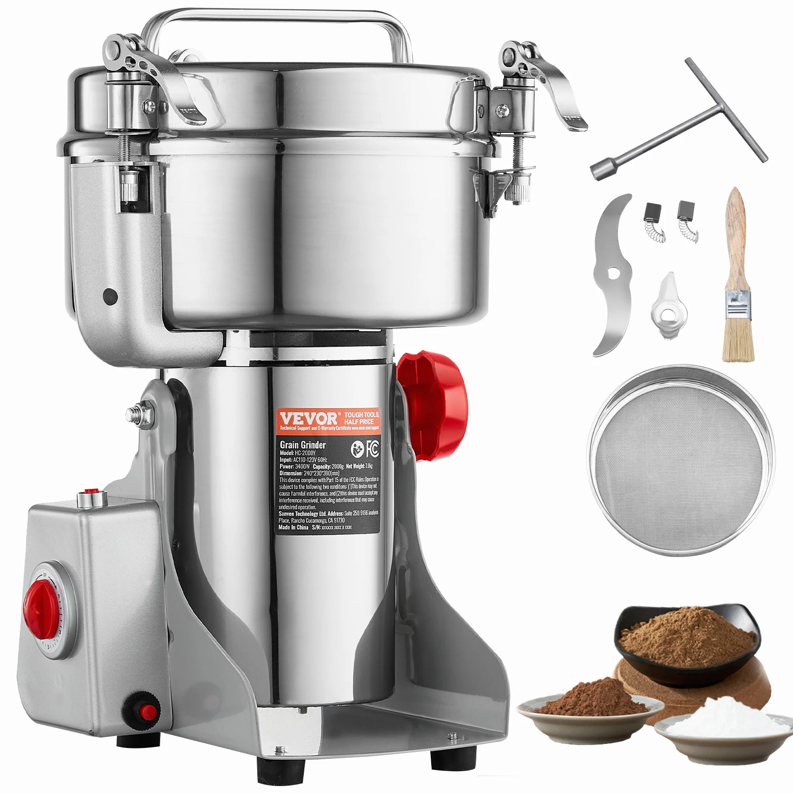 

VEVOR 2000g Electric Grain Mill Grinder, High Speed 3400W Commercial Spice Grinders, Stainless Steel Pulverizer Powder Machine