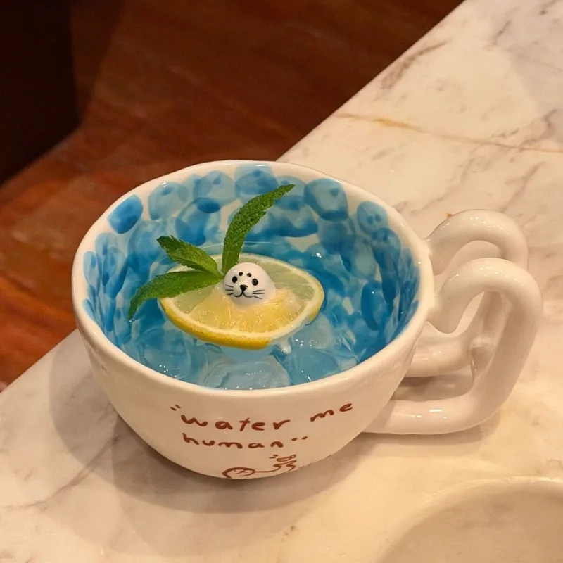 Nordic Three-dimensional Seal Ceramic Mug Ornaments Dining Table Kitchen Animal Breakfast Cup Coffee Cup Saucer Set Decoration
