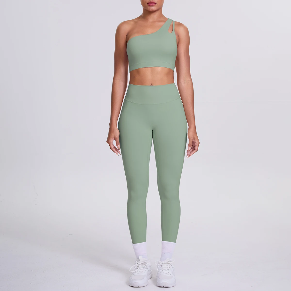Solid Color Sexy Single Shoulder Bra Pants Yoga Set Women Breathable Shockproof Sports Bra Peach Butt Yoga Pants Yoga Set